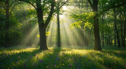 Sunlit forest clearing representing natural beauty and serenity, with rays and greenery