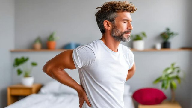 Man with a back brace is standing in a bedroom