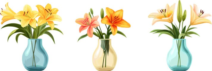 3 sets of beautiful lilies in transparent vases. Vector illustration