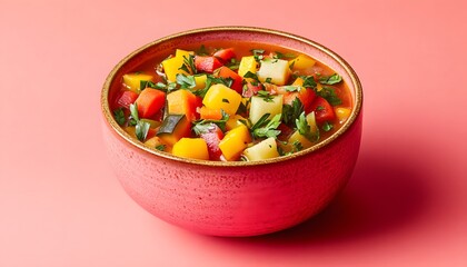 Vibrant vegetable soup in a pink bowl.