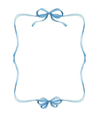 Watercolor isolated blue  ribbon frame on white background.  Hand drawn sketch illustration