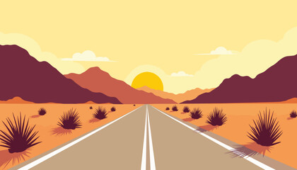 Desert road leading to sunset over mountains, vibrant serenity
