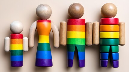 Colorful Wooden Figures Representing Family with Rainbow Pride Theme and Joyful Expression