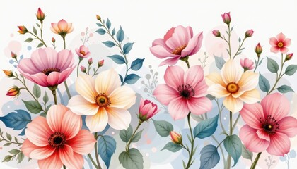feminine, delicate floral watercolor with transparent layers and airy composition