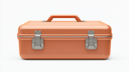 Orange suitcase with a handle and metal latches, isolated on a white background.
