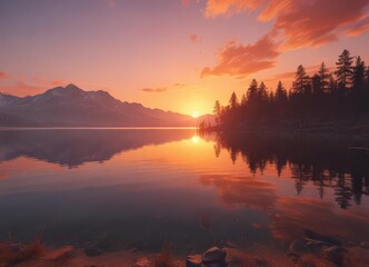 Naklejka premium Serene sunset paints tranquil lake with fiery hues, texture, day, photo