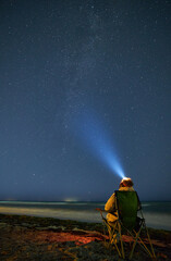 Person with Headlamp Stargazing Beach Night