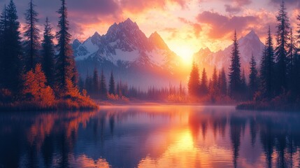 Majestic sunrise over mountain lake