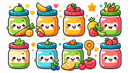 Obraz premium Colorful Baby Puree Jars – Isolated Clipart with Fresh Fruits, Vegetables, Bold, Simple, Cheerful Labels