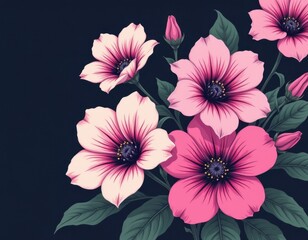 anime inspired stylized flowers with bold outlines and dark shading, vibrant pink blooms