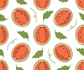 Seamless pattern of watermelon halves with pits and green leaves. Vector background for fresh organic fruits, packaging design for summer goods, textiles, prints, clothing, covers.