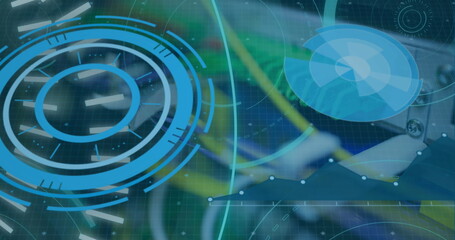 Displaying fiber optic cables and patch panel connectors at data center, with HUD and data overlays