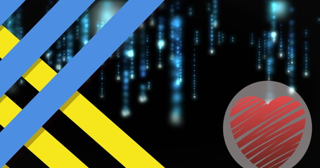 Grey circle with heart shining on right in digital graphic, with diagonal stripes, code, copy space