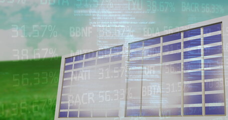 Image of financial data over solar panels