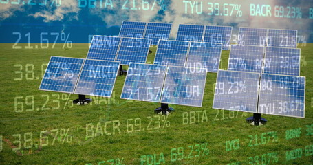 Image of financial data processing over solar panels