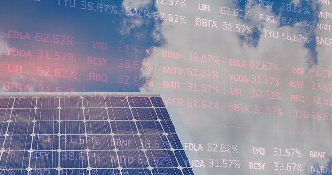 Image of financial data processing over solar panels - Powered by Adobe