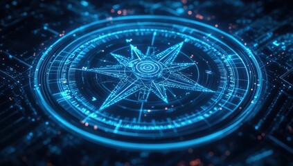 Digital compass, glowing blue lines, futuristic