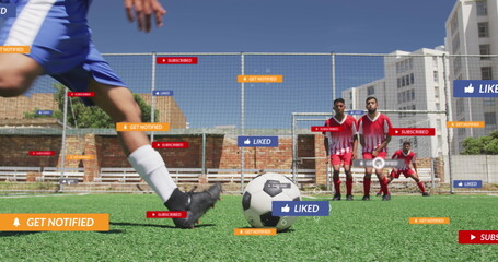 Social media concept icons against male soccer player taking a freekick on sports field