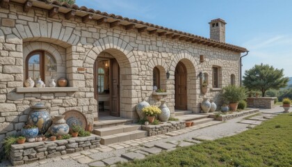 Obraz premium rustic summer home with stone walls and handmade ceramic accessories