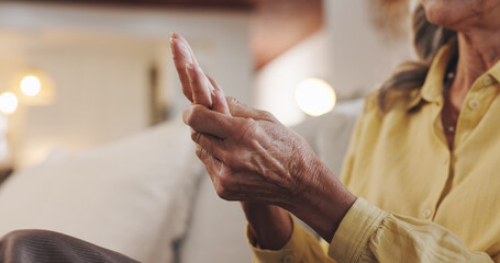 Senior woman, pain and hand for arthritis inflammation, medical problem and osteoporosis. Elderly...