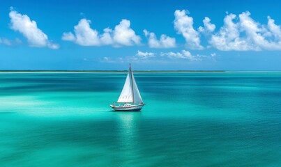 Obraz premium Tranquil Sailboat on Serene Aquamarine Waters Under Bright Sky
