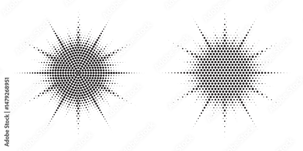 Poster burst halftone light effect. glowing light burst. abstract grunge halftone dots background set. vect