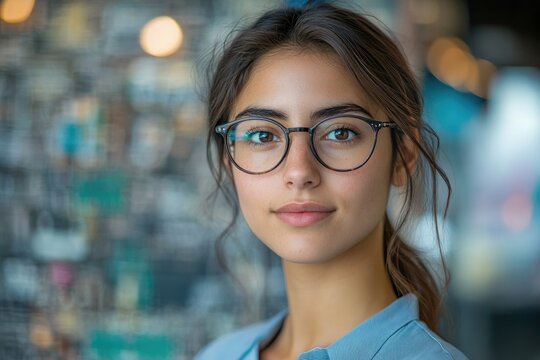 A young woman with brown hair and glasses looks directly at the camera with a calm and approachable expression.