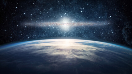 Panoramic view of the Earth, stars and galaxy. Planet Earth, view from space. Space fantasy....