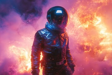 Fototapeta premium Astronaut in a fiery, neon-lit cosmos, a surreal and vibrant scene.