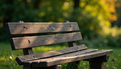 Naklejka premium Weathered wooden park bench, showing age and texture, spring, wood grain, groove