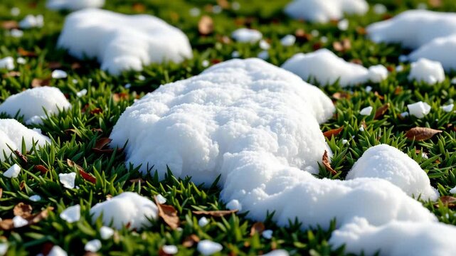 Patches of fresh snow rest on vibrant green grass with scattered dry leaves in early winter sunlight.