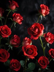Obraz premium Bouquet of Deep Red Roses with Soft Lighting Against Dark