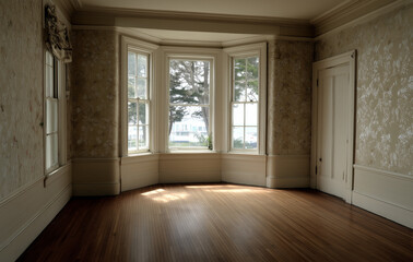 An empty room with a bay window, wood flooring, and wallpapered walls