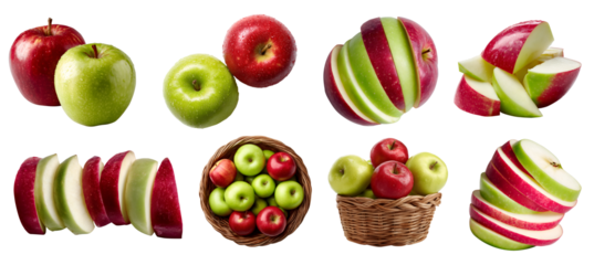 Set of mix red and green apple apples fruit, many angles and view side top sliced halved cut, basket isolated on transparent background cutout, PNG file. Mockup template for artwork design