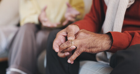Elderly couple, ring or hands in home for conflict, regret or doubt in marriage with partner....