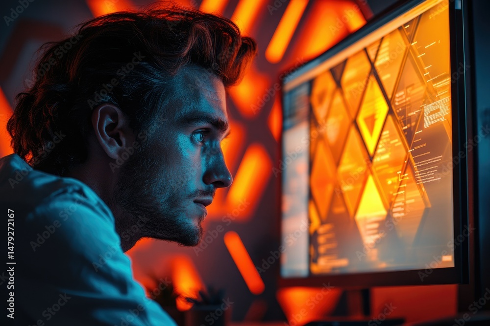 Poster A young man intensely focused on a computer screen filled with complex code, illuminated by vibrant neon lighting.