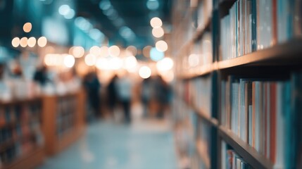 minimalistic bookstore interior with blurred people in background shelves filled with books and ample copy space clean