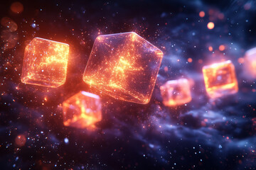 Abstract composition of glowing wireframe spheres and cubes