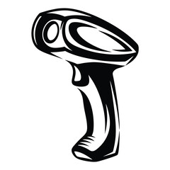 Striking black and white illustration of a handheld barcode scanner device