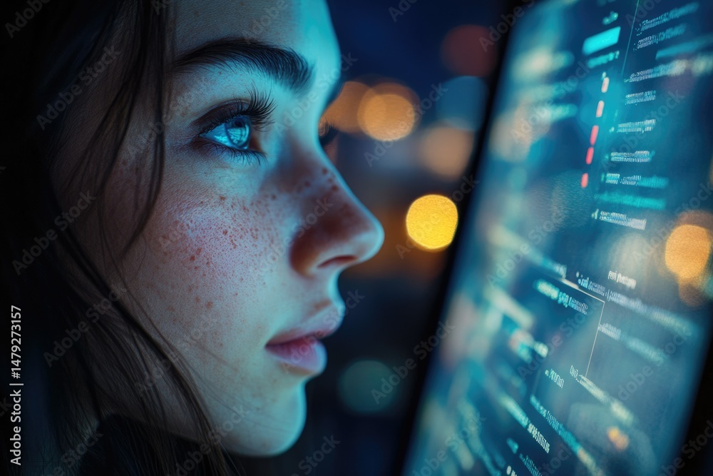 Leinwandbilder A young woman with freckles gazes intently at a computer screen filled with lines of code, illuminated by soft blue light.