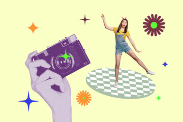 Collage of playful young woman man with giant retro camera surrounded by vintage elements colorful pop motifs