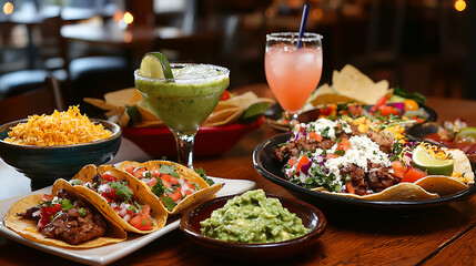 A table with a variety of Mexican food and drinks