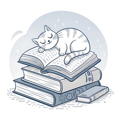 Cat sleeping on books hand drawn book illustration