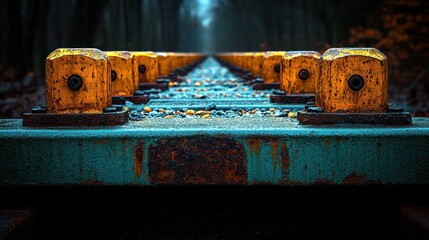 Rusty train track, yellow caps, forest
