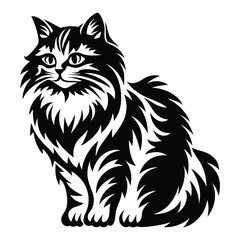 Elegant Monochrome Illustration of a Long Haired Cat Sitting Patiently