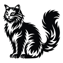 Striking black and white illustration of a fluffy cat in full profile