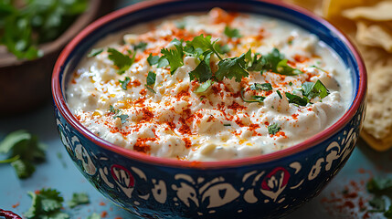 A bowl of creamy white dip with a sprinkle of red chili flakes