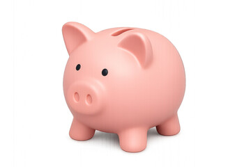 Pink piggy bank with a coin slot, round body, and legs, sitting on a white surface. Isolated on transparent background.
