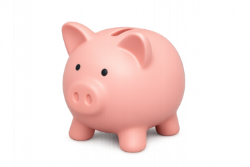 Pink piggy bank with a coin slot, round body, and legs, sitting on a white surface. Isolated on transparent background.
