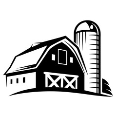Black and white farm scene with barn and silo graphic vector design © Tanjila
